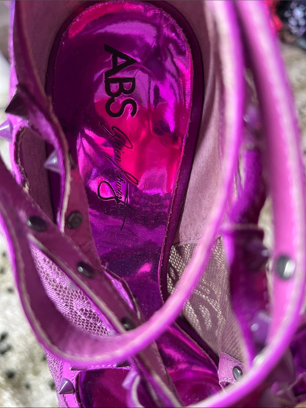 Jessica Simpson Metallic Purple Lace Peep-Toe Heels with Studded Straps - Picture 4 of 6